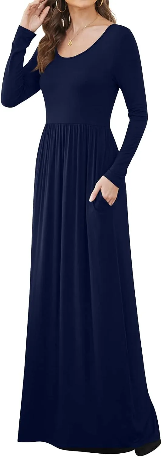 DB MOON Women Casual Long Sleeve Maxi Dresses Empire Waist Long Dress with Pockets
