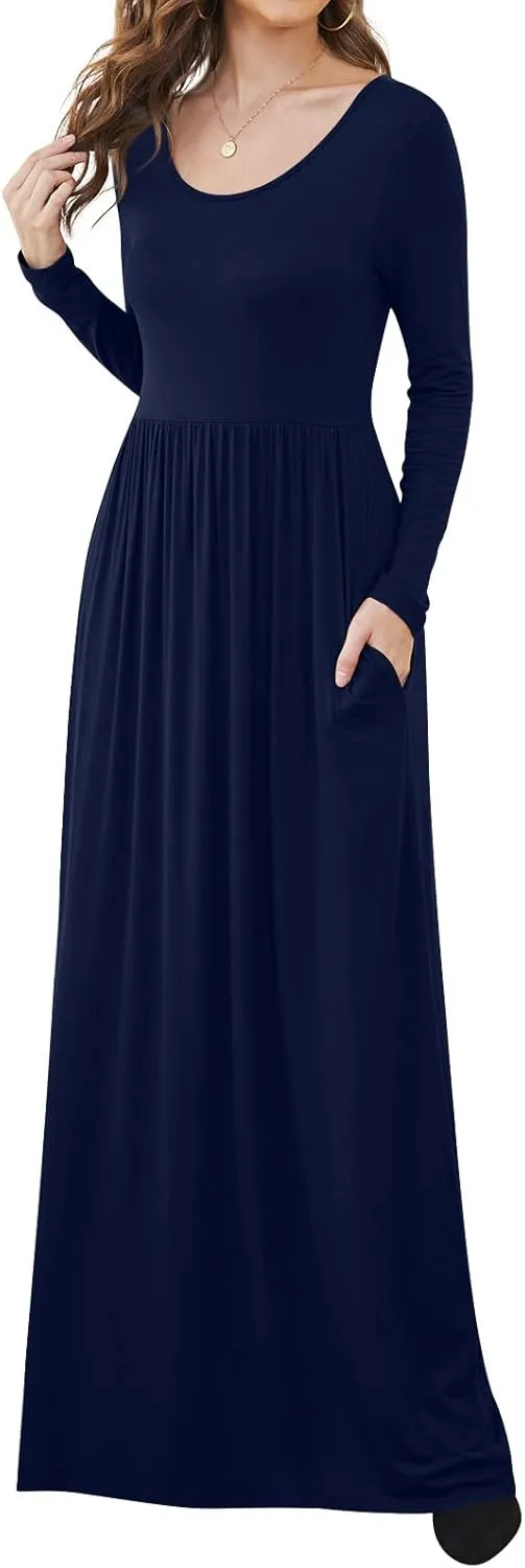 DB MOON Women Casual Long Sleeve Maxi Dresses Empire Waist Long Dress with Pockets