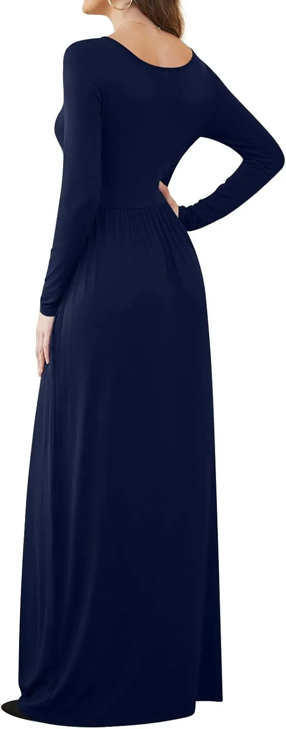 DB MOON Women Casual Long Sleeve Maxi Dresses Empire Waist Long Dress with Pockets