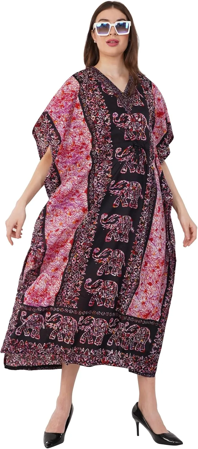 Divine threads -- Elephant Design Women Kimono Cover Up V Neck Batwing Sleeve Plus Size Beach Kaftan Dresses