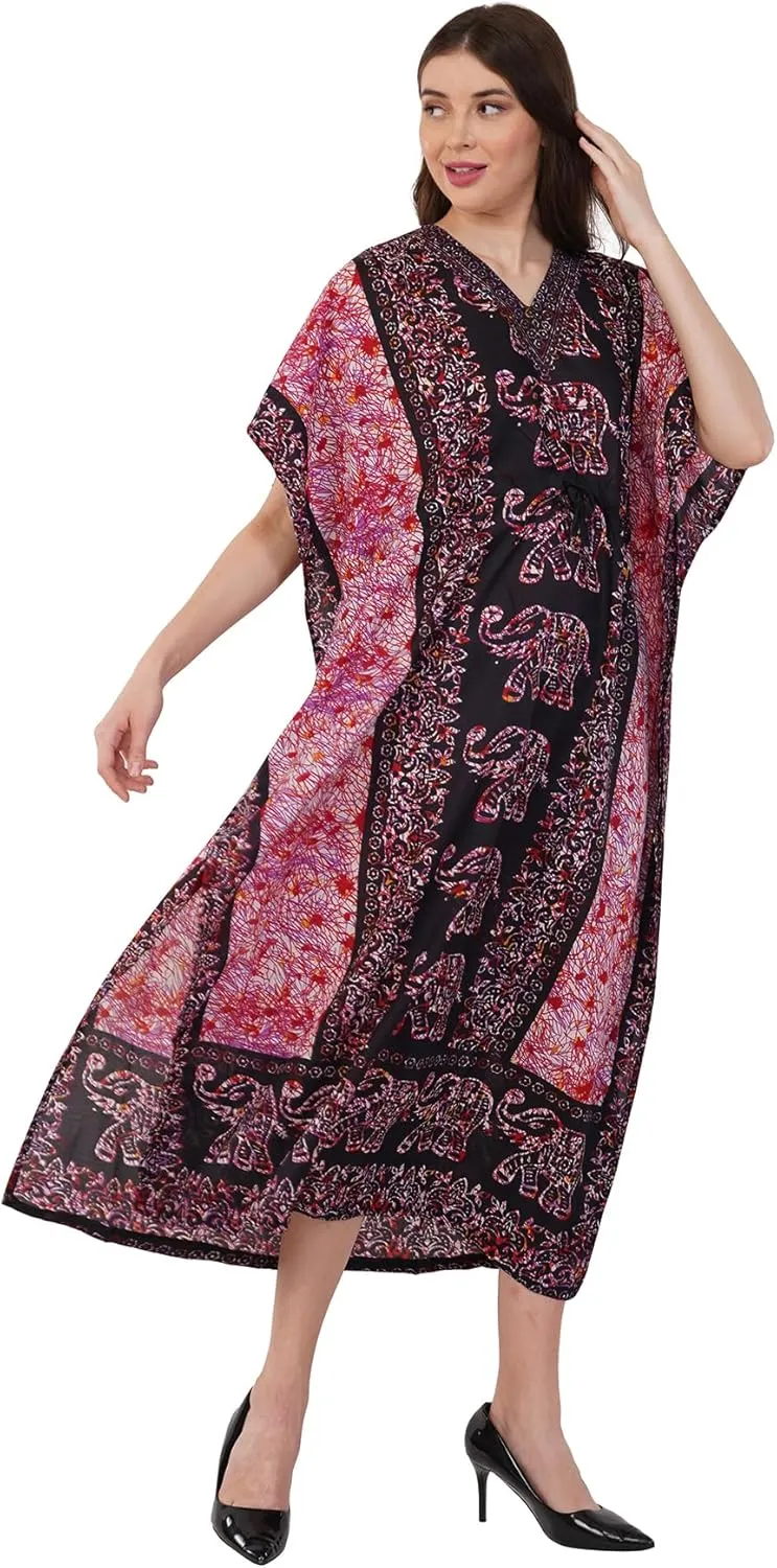 Divine threads -- Elephant Design Women Kimono Cover Up V Neck Batwing Sleeve Plus Size Beach Kaftan Dresses