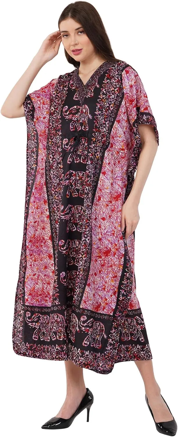 Divine threads -- Elephant Design Women Kimono Cover Up V Neck Batwing Sleeve Plus Size Beach Kaftan Dresses