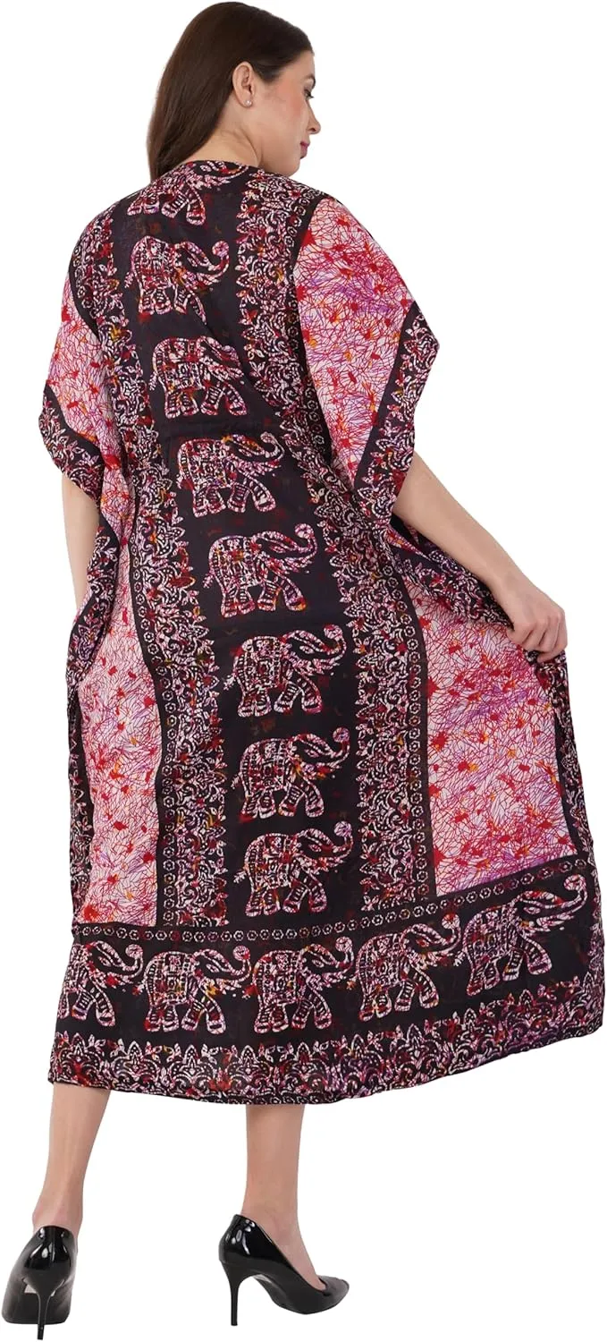 Divine threads -- Elephant Design Women Kimono Cover Up V Neck Batwing Sleeve Plus Size Beach Kaftan Dresses