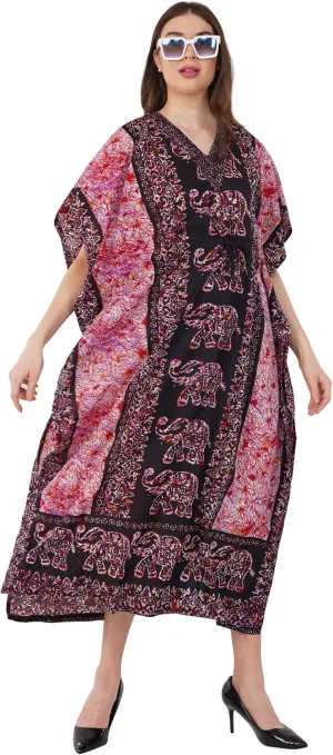 Divine threads -- Elephant Design Women Kimono Cover Up V Neck Batwing Sleeve Plus Size Beach Kaftan Dresses