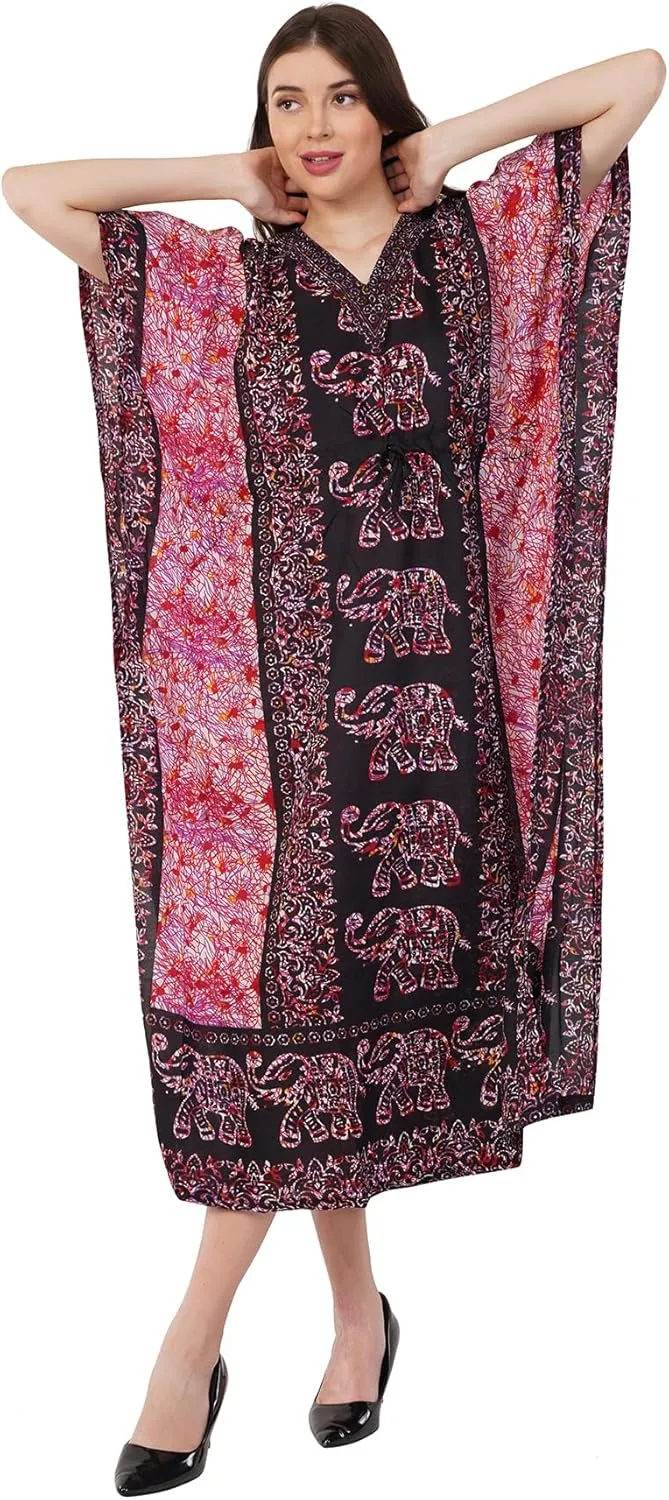 Divine threads -- Elephant Design Women Kimono Cover Up V Neck Batwing Sleeve Plus Size Beach Kaftan Dresses