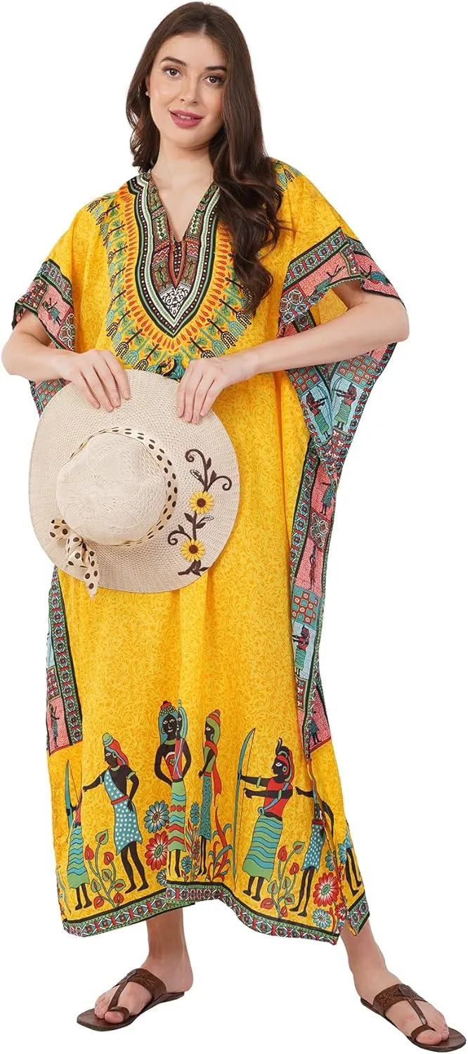 Divine threads Women African Print Kimono Cover Up V Neck Batwing Sleeve Plus Size Beach Kaftan Dresses Brown