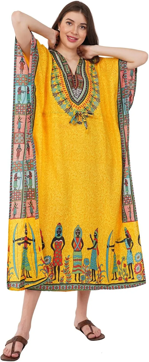 Divine threads Women African Print Kimono Cover Up V Neck Batwing Sleeve Plus Size Beach Kaftan Dresses Brown