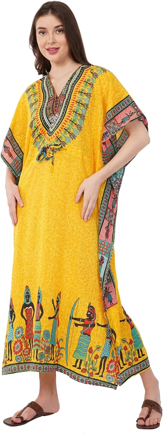 Divine threads Women African Print Kimono Cover Up V Neck Batwing Sleeve Plus Size Beach Kaftan Dresses Brown
