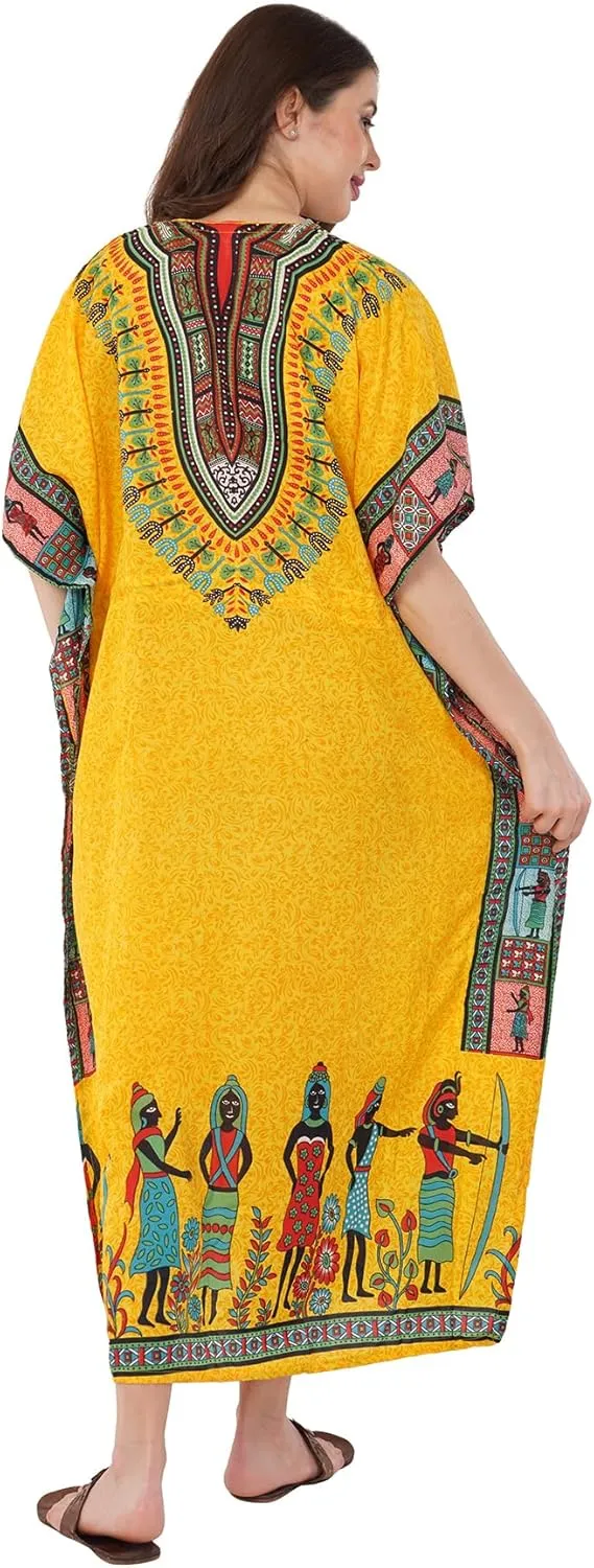 Divine threads Women African Print Kimono Cover Up V Neck Batwing Sleeve Plus Size Beach Kaftan Dresses Brown
