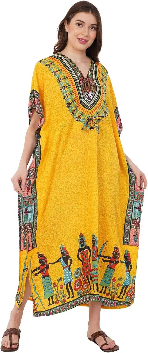 Divine threads Women African Print Kimono Cover Up V Neck Batwing Sleeve Plus Size Beach Kaftan Dresses Brown