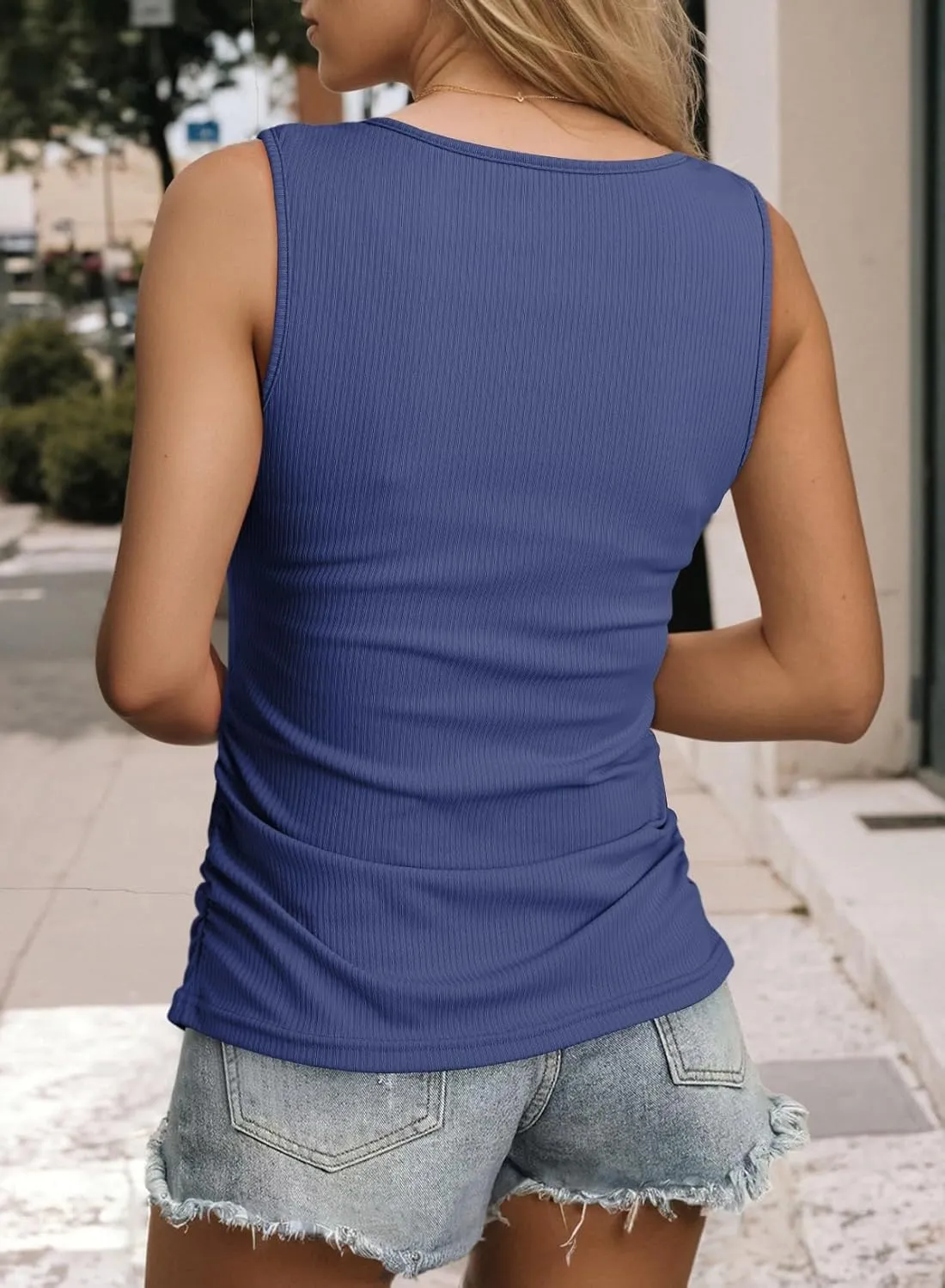 Dokotoo Tank Top with Built in Bra for Women Casual Summer Sleeveless Tops Slim Fitted V Neck Ruched Cami Shirts