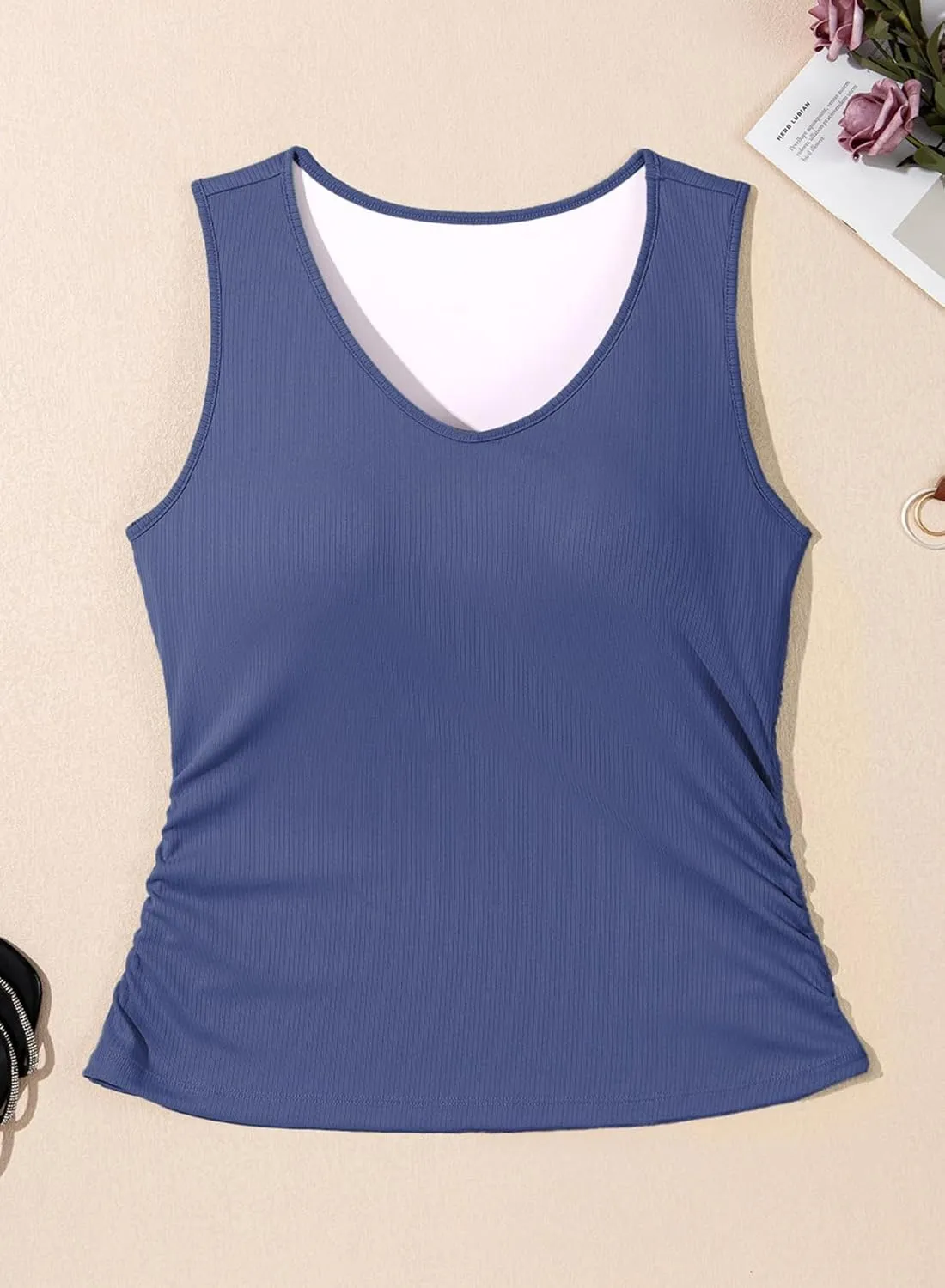 Dokotoo Tank Top with Built in Bra for Women Casual Summer Sleeveless Tops Slim Fitted V Neck Ruched Cami Shirts