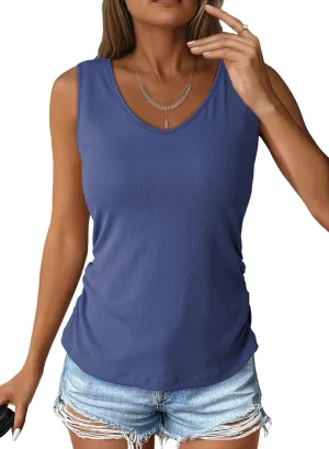 Dokotoo Tank Top with Built in Bra for Women Casual Summer Sleeveless Tops Slim Fitted V Neck Ruched Cami Shirts