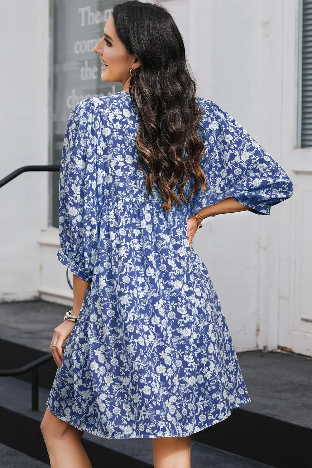 Dokotoo Womens Summer Dresses 2025 Boho Floral Drawstring V Neck Chiffon Lantern Sleeve Beach Vacation Mini Dress Sundress