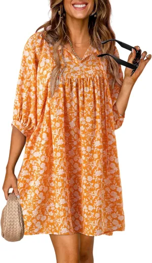 Dokotoo Womens Summer Dresses 2025 Boho Floral Drawstring V Neck Chiffon Lantern Sleeve Beach Vacation Mini Dress Sundress