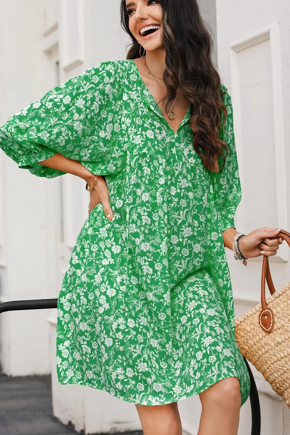 Dokotoo Womens Summer Dresses 2025 Boho Floral Drawstring V Neck Chiffon Lantern Sleeve Beach Vacation Mini Dress Sundress