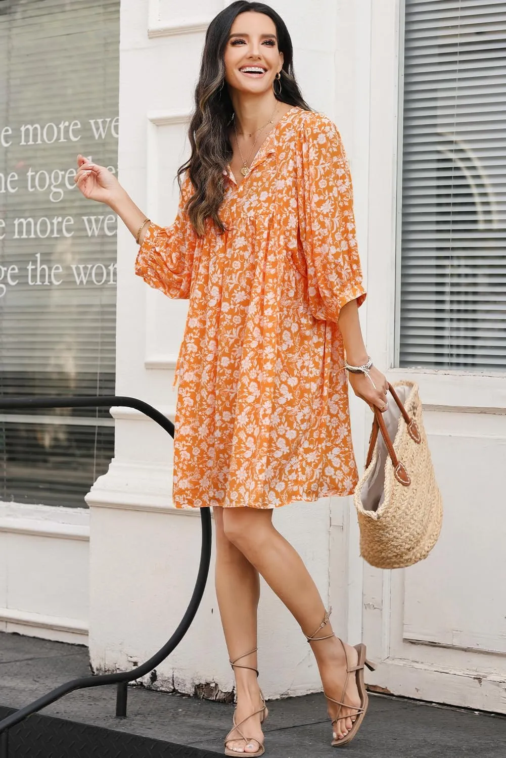 Dokotoo Womens Summer Dresses 2025 Boho Floral Drawstring V Neck Chiffon Lantern Sleeve Beach Vacation Mini Dress Sundress