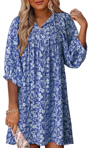 Dokotoo Womens Summer Dresses 2025 Boho Floral Drawstring V Neck Chiffon Lantern Sleeve Beach Vacation Mini Dress Sundress