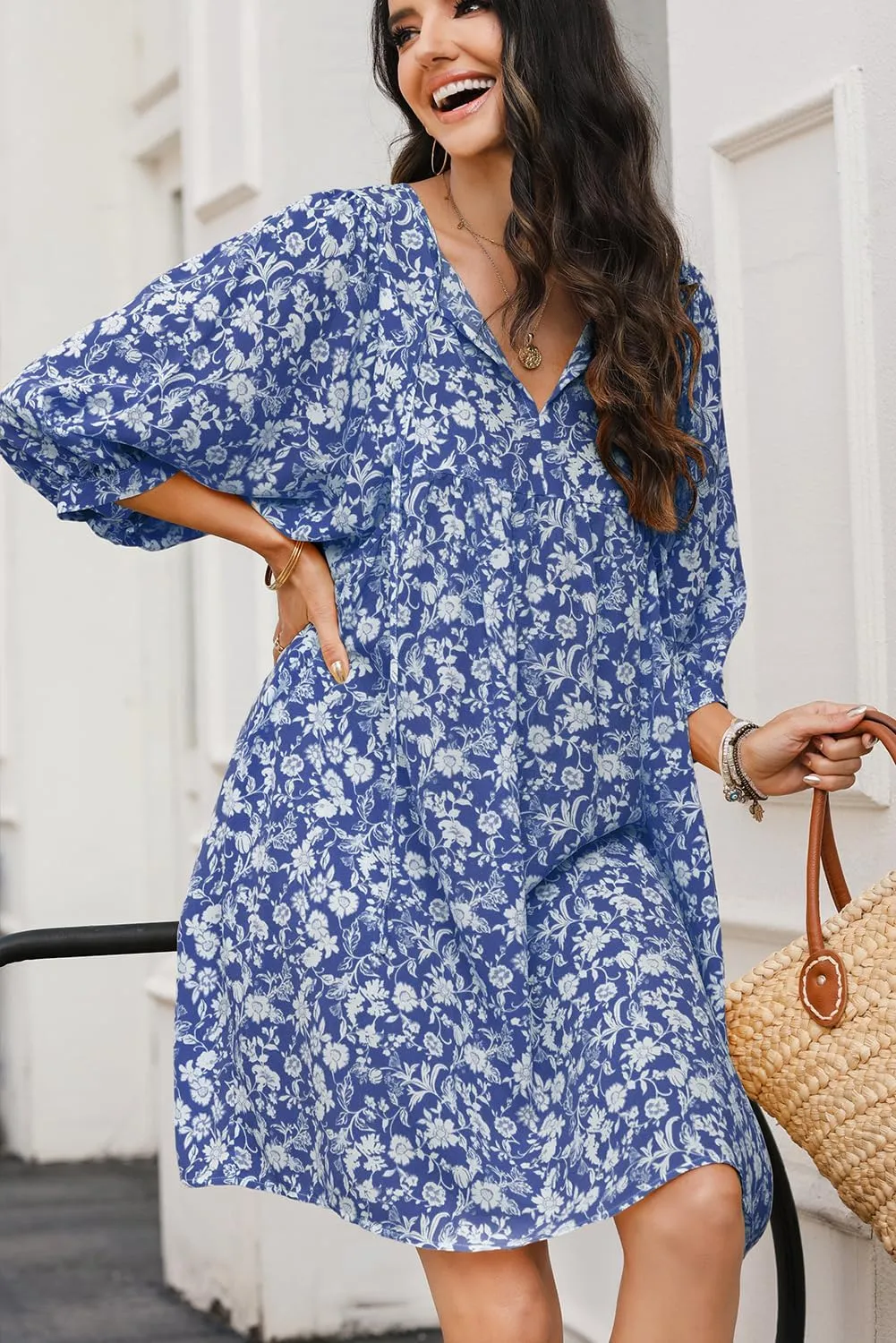 Dokotoo Womens Summer Dresses 2025 Boho Floral Drawstring V Neck Chiffon Lantern Sleeve Beach Vacation Mini Dress Sundress