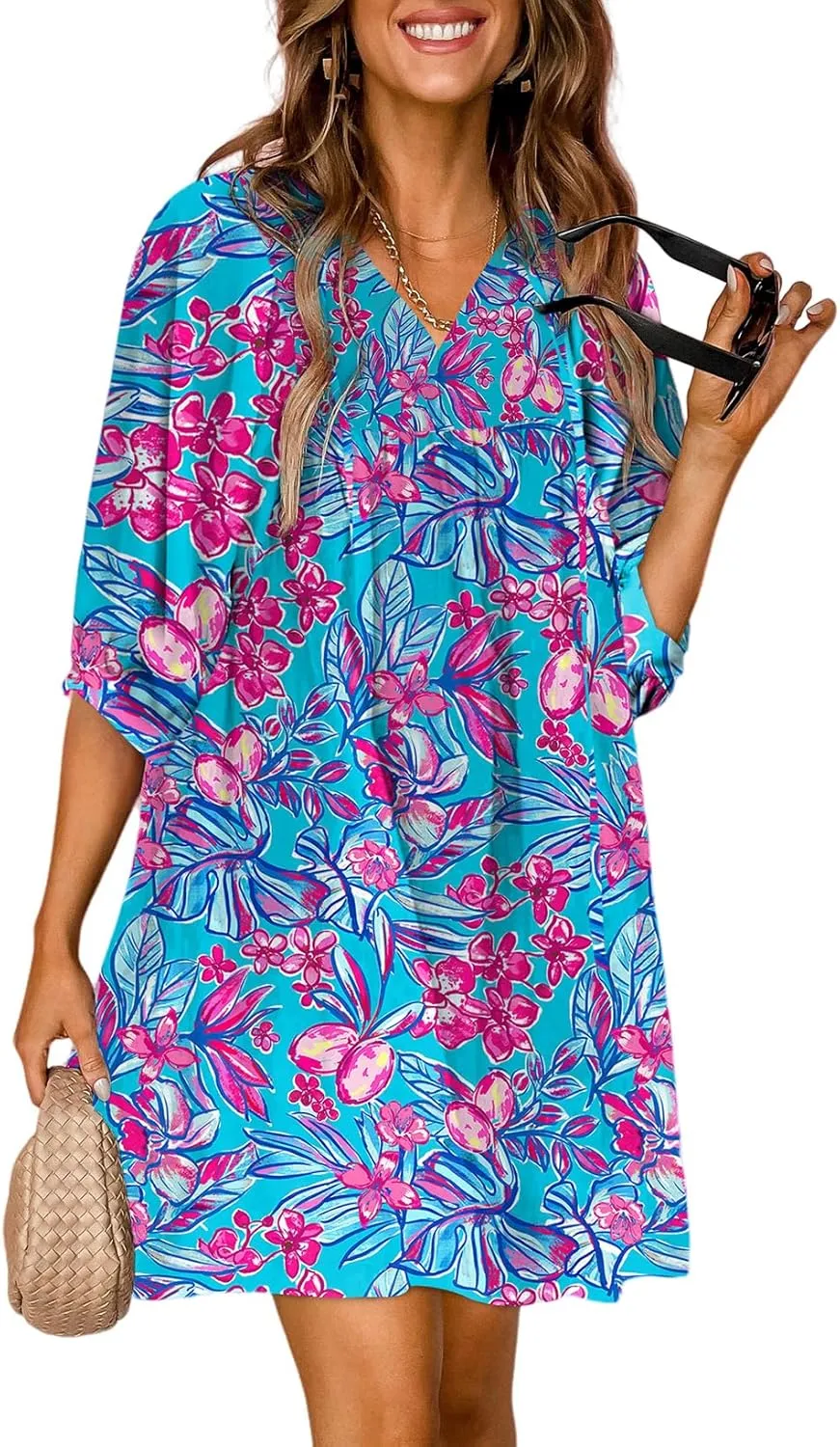 Dokotoo Womens Summer Dresses 2025 Boho Floral Drawstring V Neck Chiffon Lantern Sleeve Beach Vacation Mini Dress Sundress