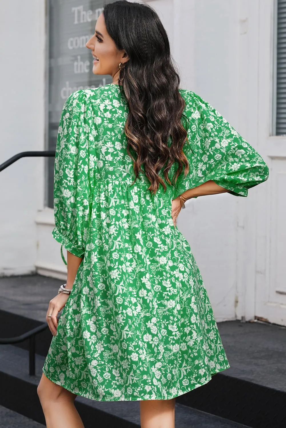 Dokotoo Womens Summer Dresses 2025 Boho Floral Drawstring V Neck Chiffon Lantern Sleeve Beach Vacation Mini Dress Sundress