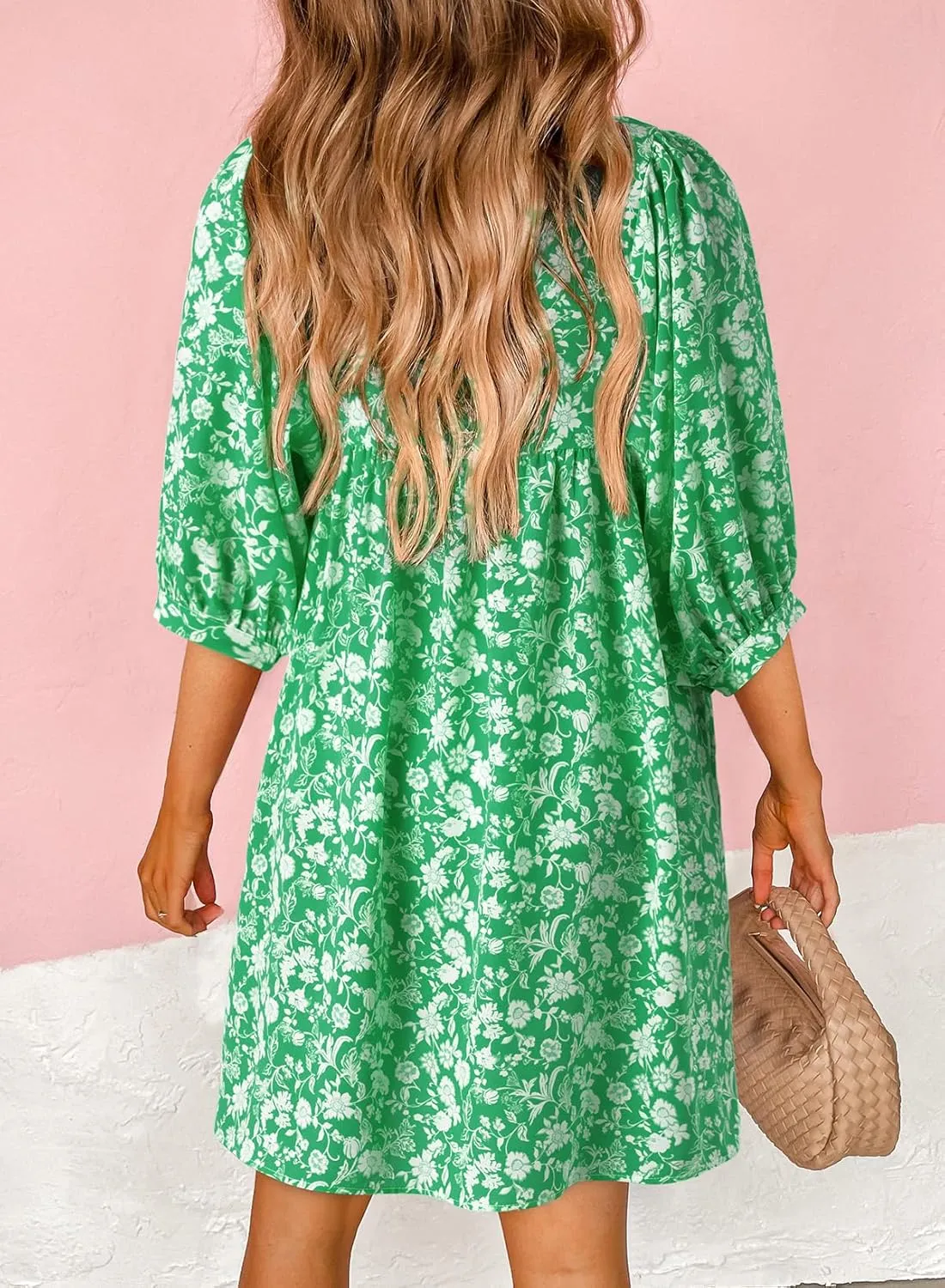 Dokotoo Womens Summer Dresses 2025 Boho Floral Drawstring V Neck Chiffon Lantern Sleeve Beach Vacation Mini Dress Sundress