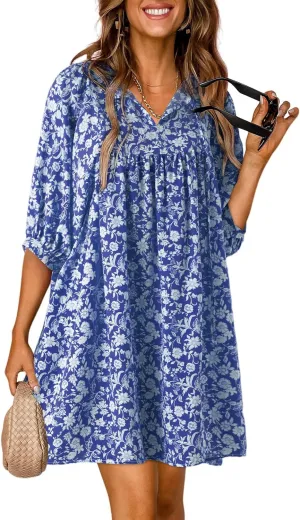 Dokotoo Womens Summer Dresses 2025 Boho Floral Drawstring V Neck Chiffon Lantern Sleeve Beach Vacation Mini Dress Sundress