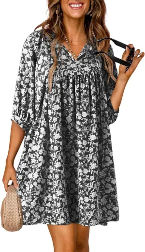 Dokotoo Womens Summer Dresses 2025 Boho Floral Drawstring V Neck Chiffon Lantern Sleeve Beach Vacation Mini Dress Sundress