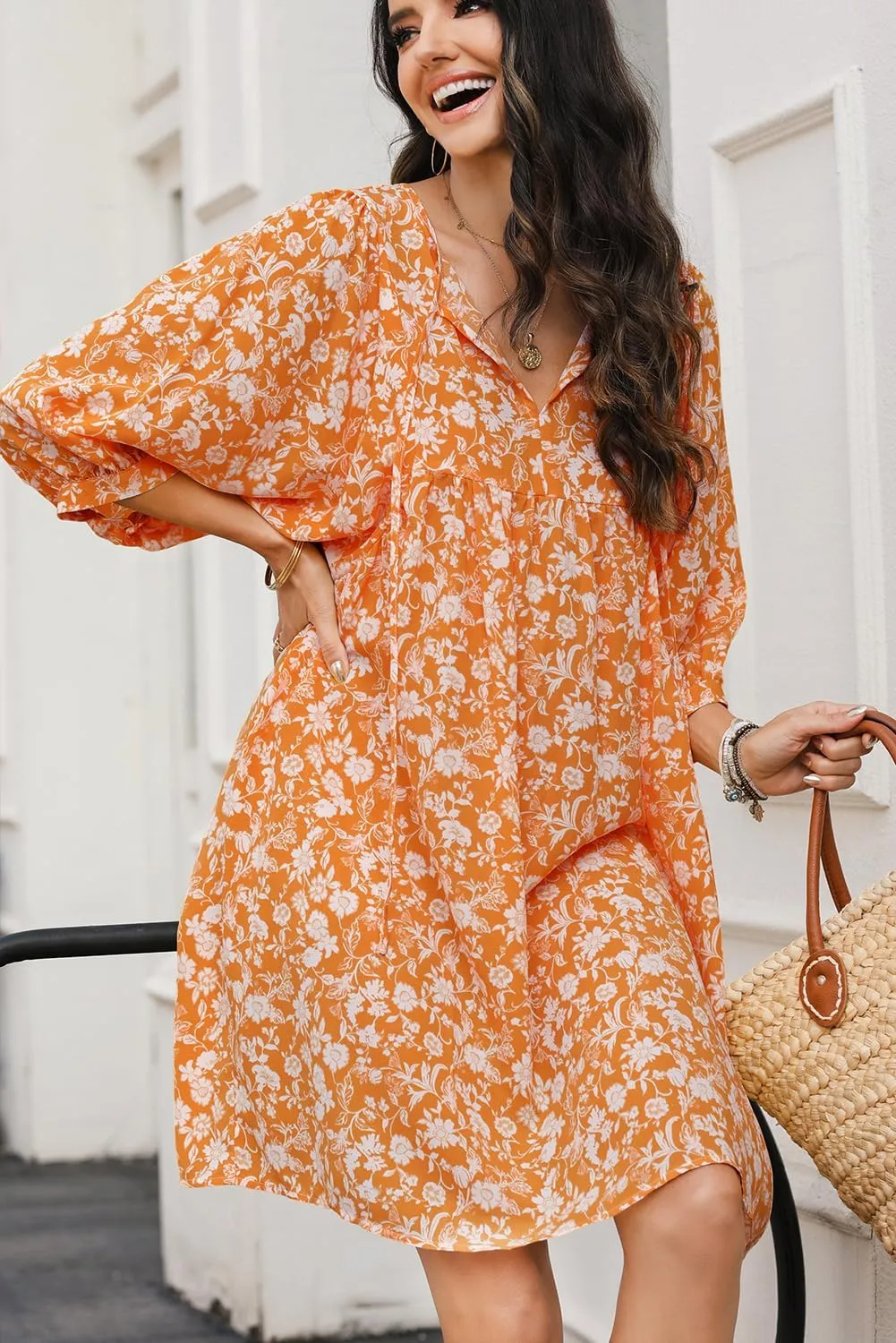 Dokotoo Womens Summer Dresses 2025 Boho Floral Drawstring V Neck Chiffon Lantern Sleeve Beach Vacation Mini Dress Sundress