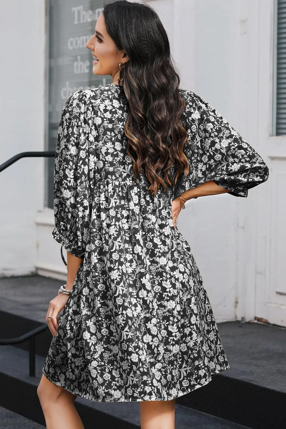 Dokotoo Womens Summer Dresses 2025 Boho Floral Drawstring V Neck Chiffon Lantern Sleeve Beach Vacation Mini Dress Sundress