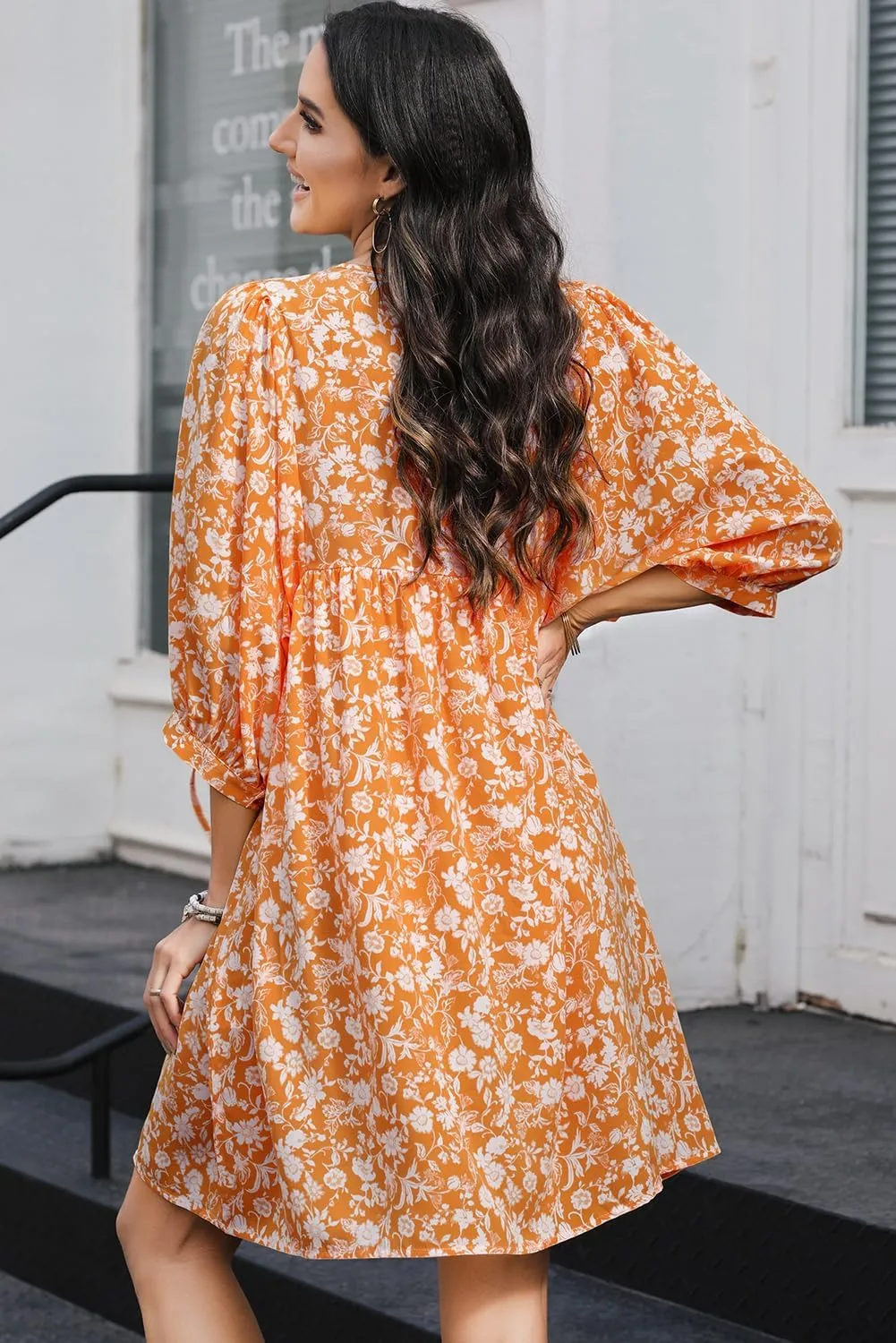 Dokotoo Womens Summer Dresses 2025 Boho Floral Drawstring V Neck Chiffon Lantern Sleeve Beach Vacation Mini Dress Sundress