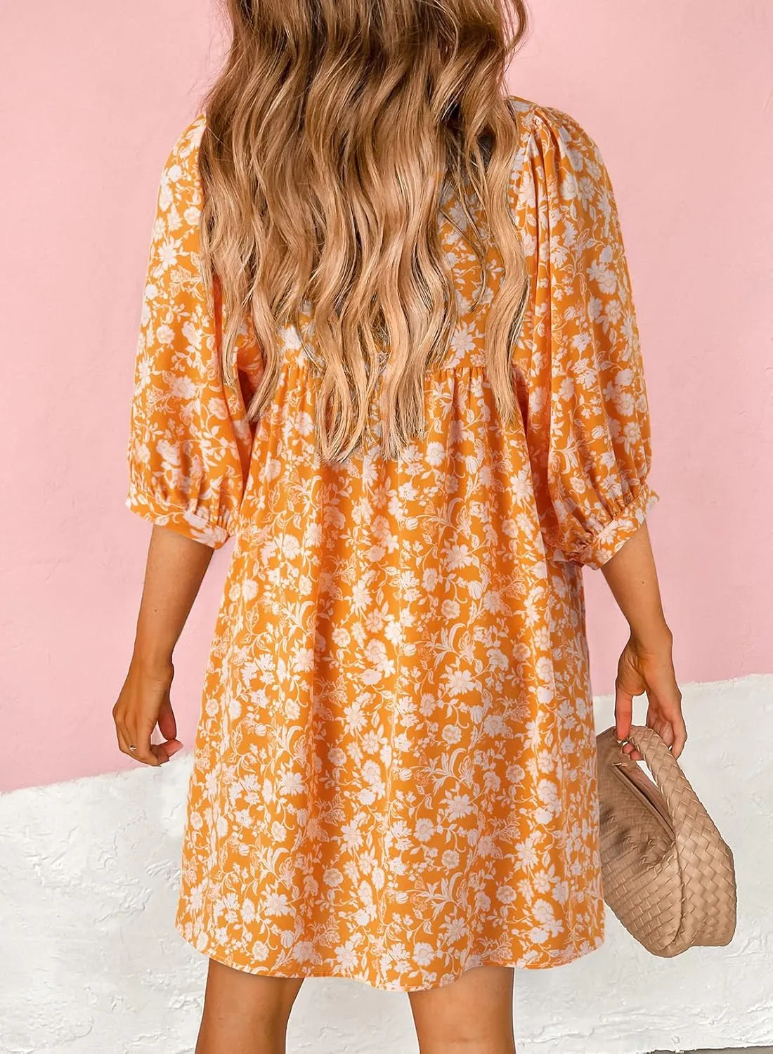 Dokotoo Womens Summer Dresses 2025 Boho Floral Drawstring V Neck Chiffon Lantern Sleeve Beach Vacation Mini Dress Sundress