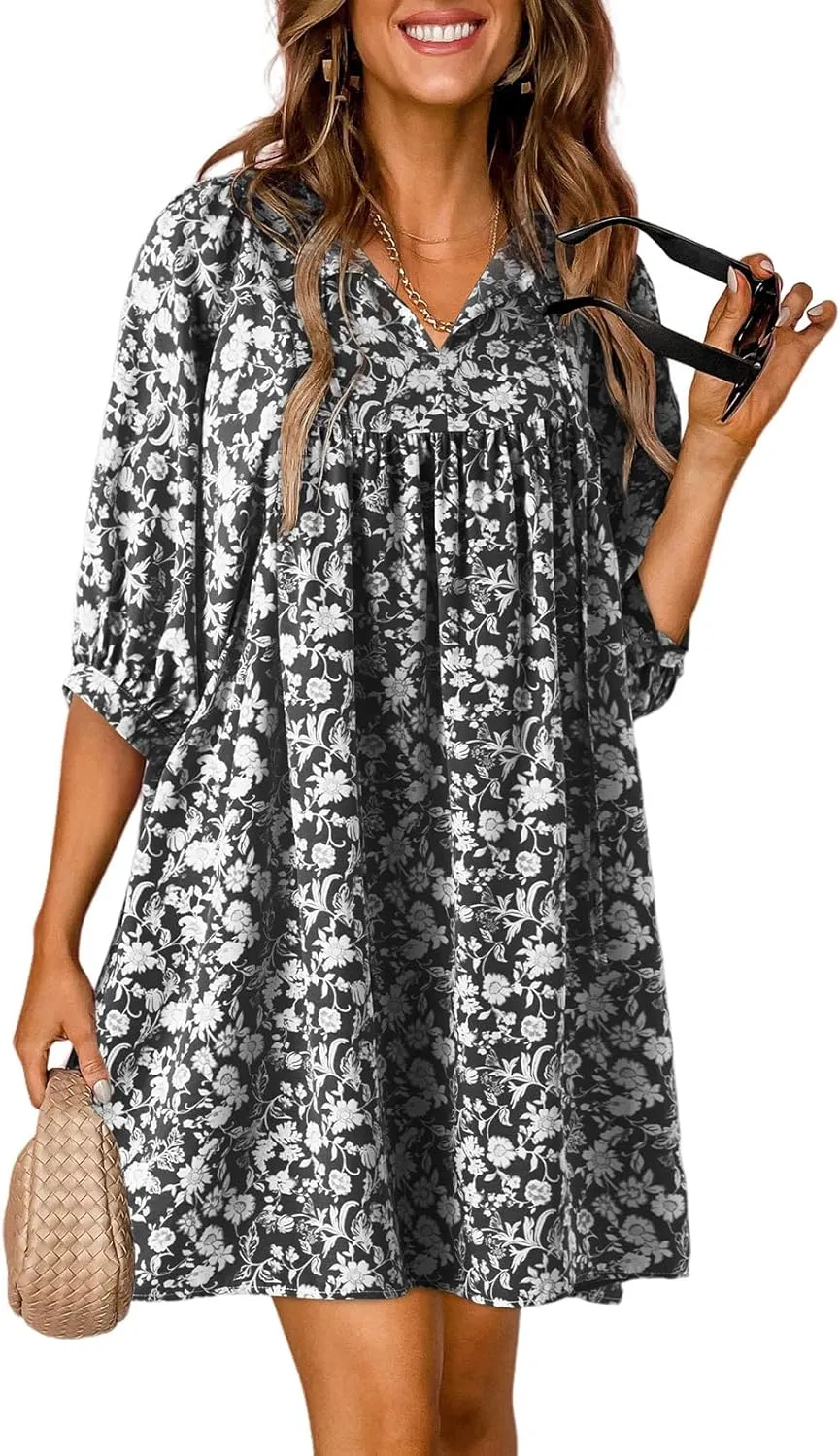 Dokotoo Womens Summer Dresses 2025 Boho Floral Drawstring V Neck Chiffon Lantern Sleeve Beach Vacation Mini Dress Sundress
