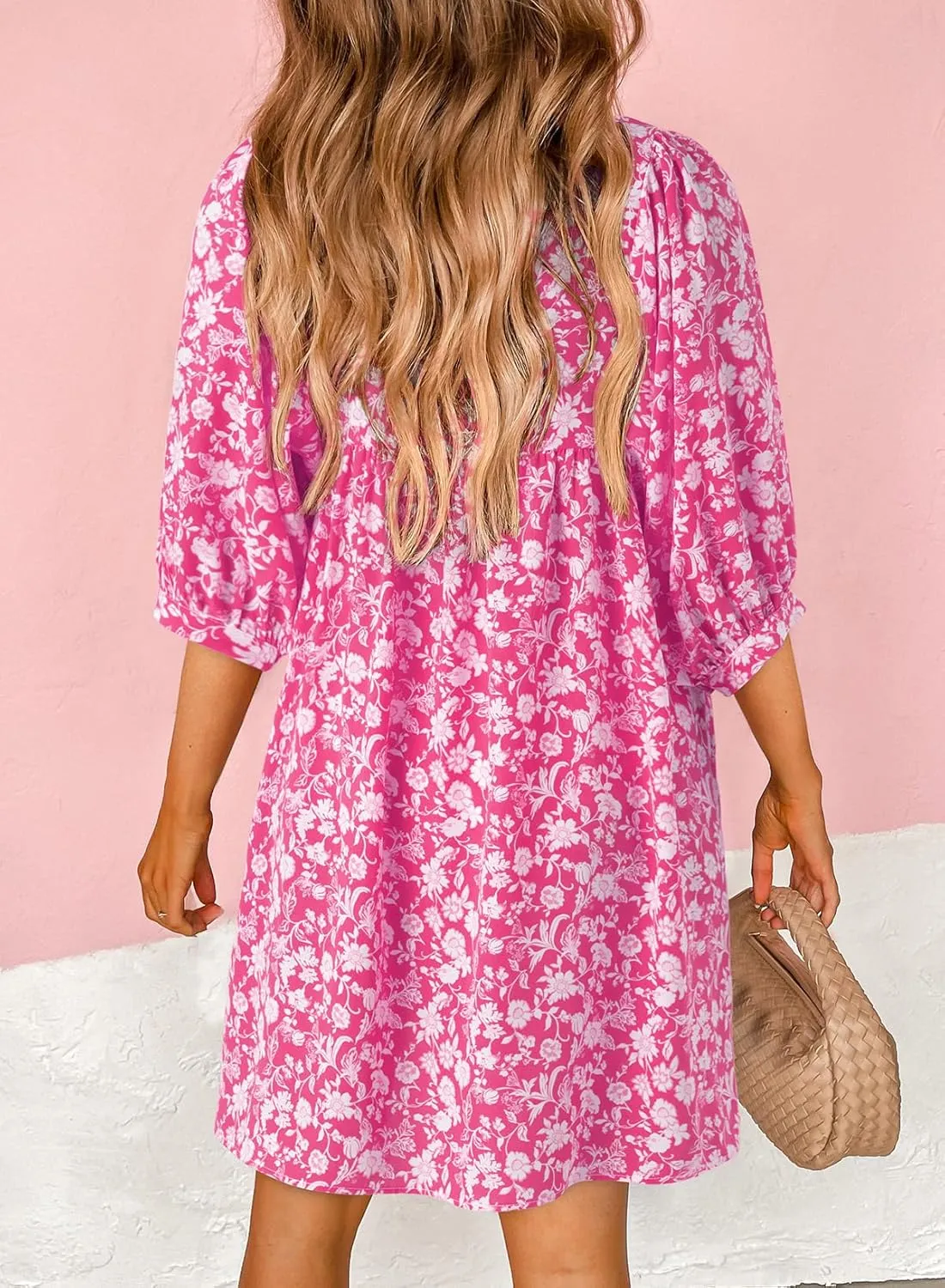 Dokotoo Womens Summer Dresses 2025 Boho Floral Drawstring V Neck Chiffon Lantern Sleeve Beach Vacation Mini Dress Sundress