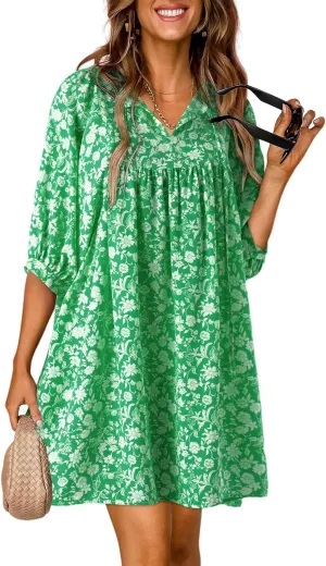 Dokotoo Womens Summer Dresses 2025 Boho Floral Drawstring V Neck Chiffon Lantern Sleeve Beach Vacation Mini Dress Sundress