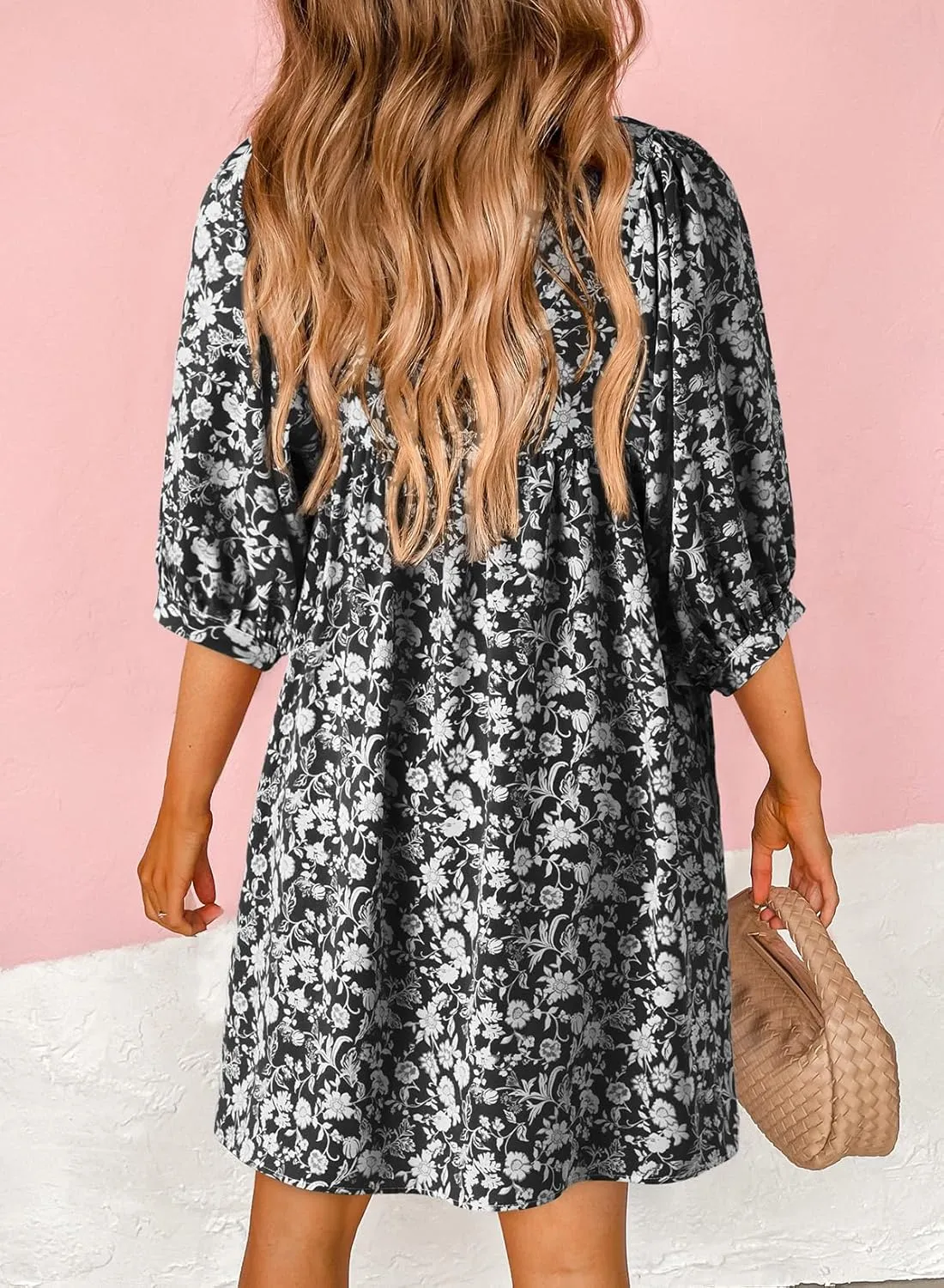Dokotoo Womens Summer Dresses 2025 Boho Floral Drawstring V Neck Chiffon Lantern Sleeve Beach Vacation Mini Dress Sundress