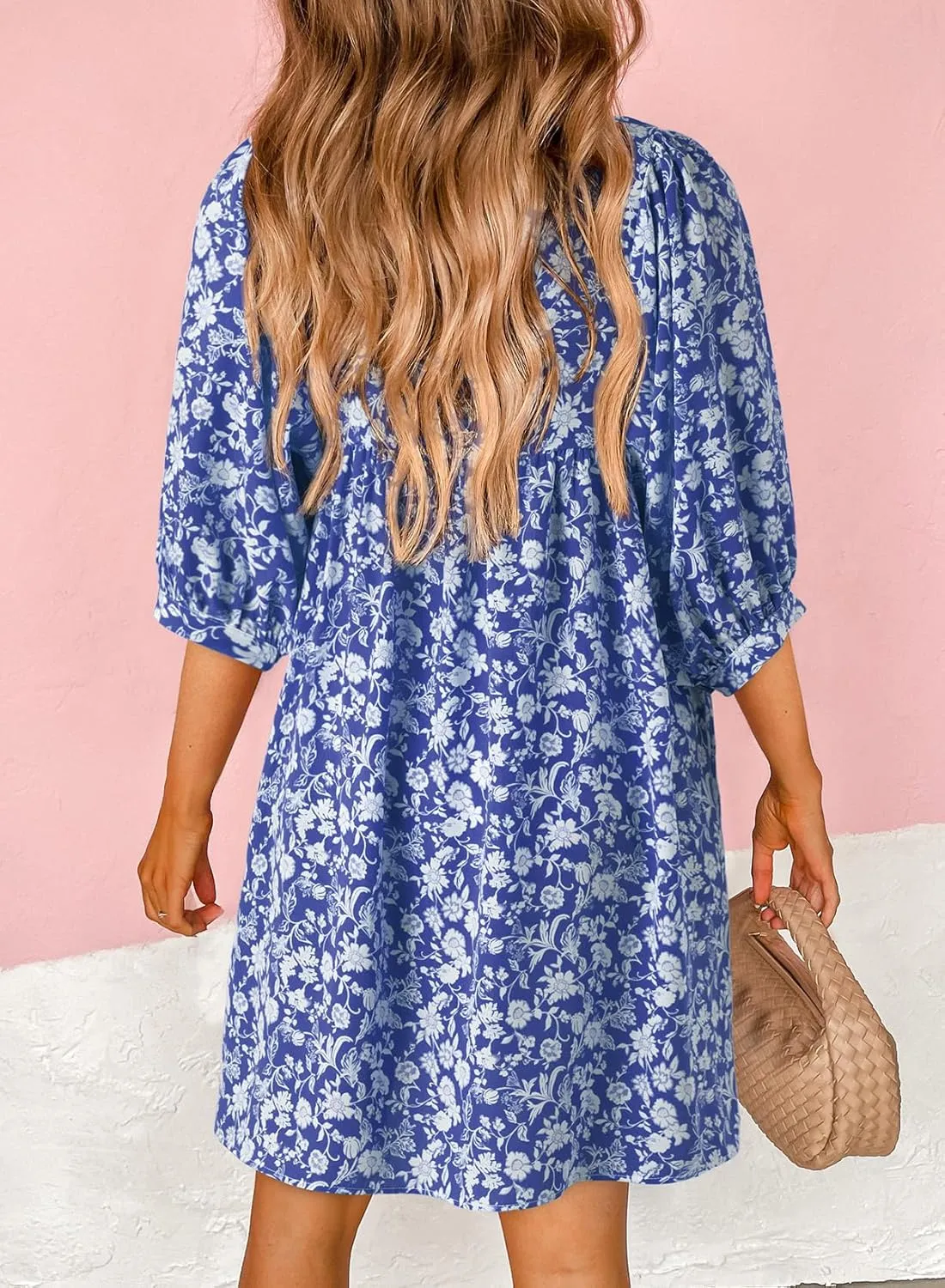 Dokotoo Womens Summer Dresses 2025 Boho Floral Drawstring V Neck Chiffon Lantern Sleeve Beach Vacation Mini Dress Sundress