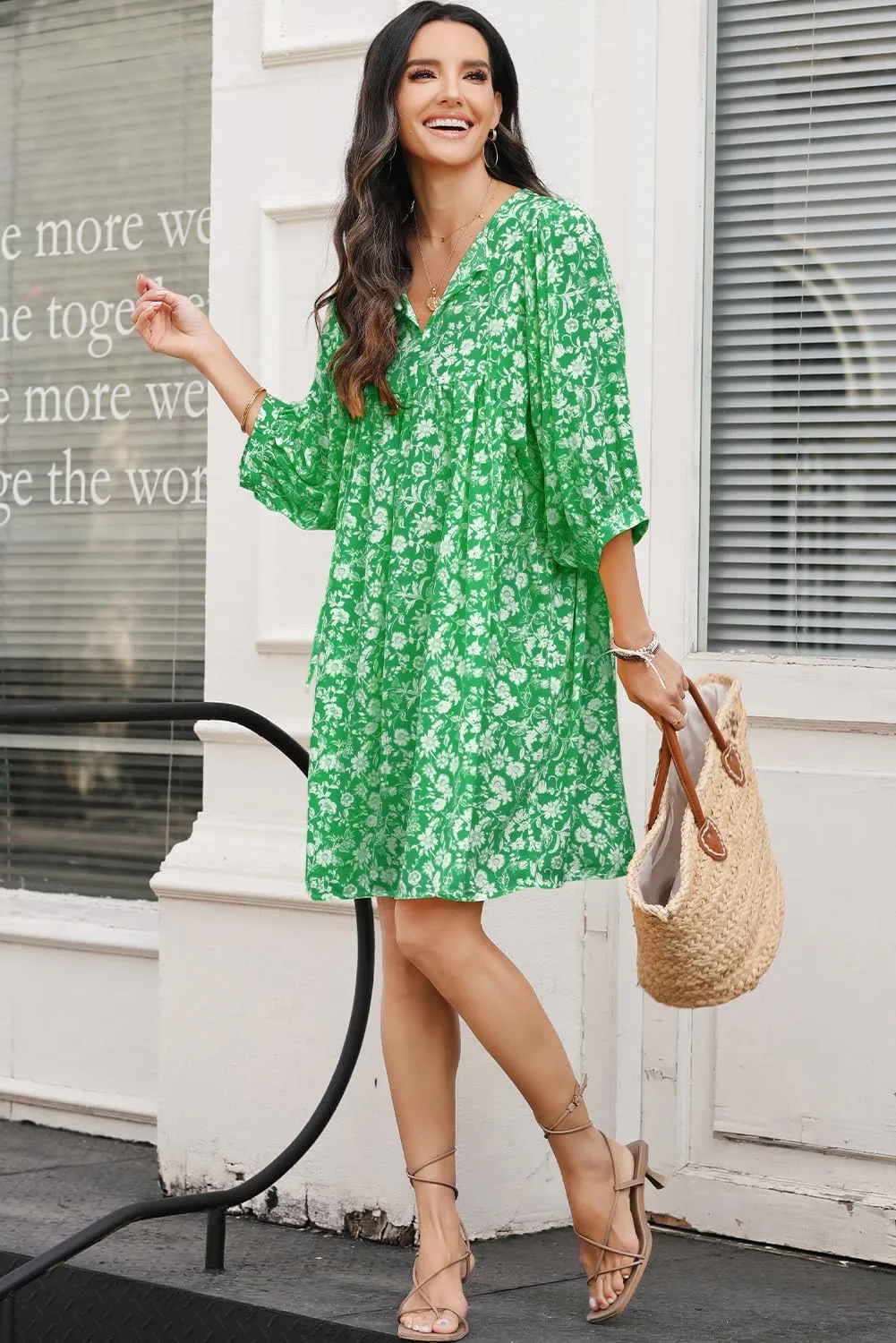Dokotoo Womens Summer Dresses 2025 Boho Floral Drawstring V Neck Chiffon Lantern Sleeve Beach Vacation Mini Dress Sundress