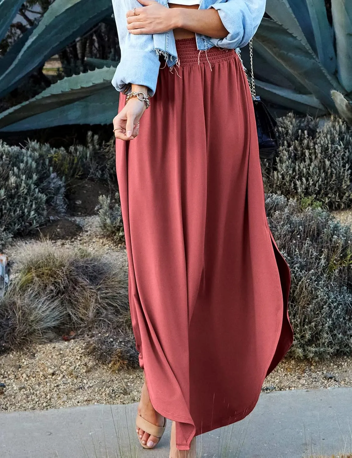 DOUBLJU Casual High Waisted Maxi Skirts Elastic Waist Band Ankle Length Trendy Summer Long Skirt for Womens with Plus Size
