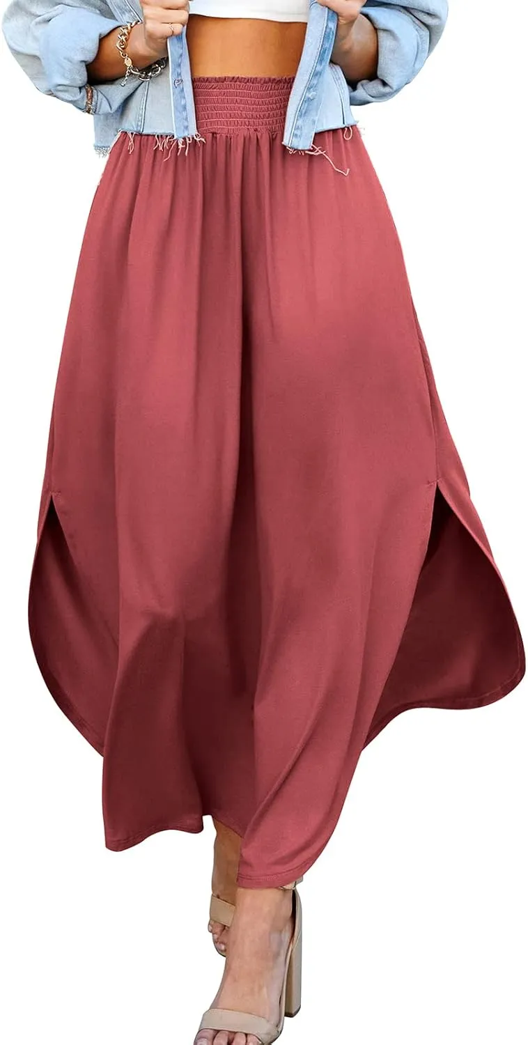 DOUBLJU Casual High Waisted Maxi Skirts Elastic Waist Band Ankle Length Trendy Summer Long Skirt for Womens with Plus Size