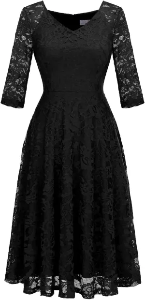 Dressystar Womens Long-Sleeve Wedding Guest Dress A-Line Lace Formal Party Cocktail Midi Dress Prom Gown
