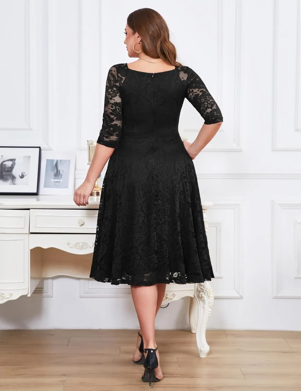 Dressystar Womens Long-Sleeve Wedding Guest Dress A-Line Lace Formal Party Cocktail Midi Dress Prom Gown