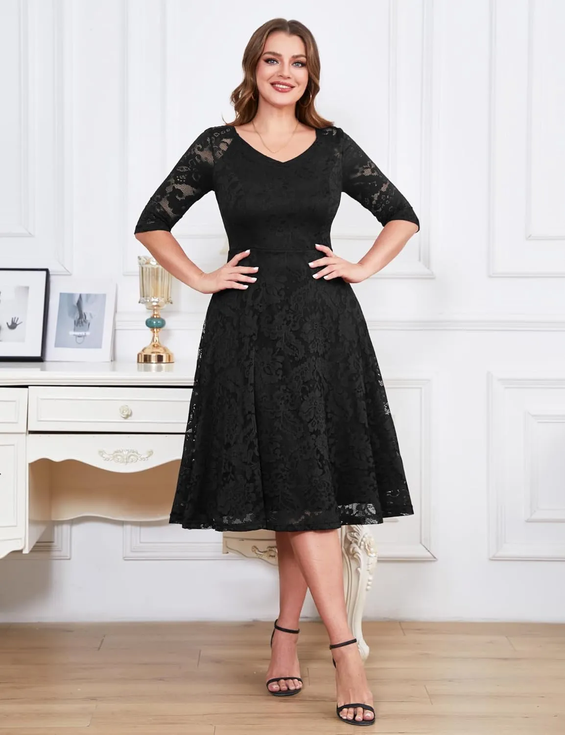 Dressystar Womens Long-Sleeve Wedding Guest Dress A-Line Lace Formal Party Cocktail Midi Dress Prom Gown