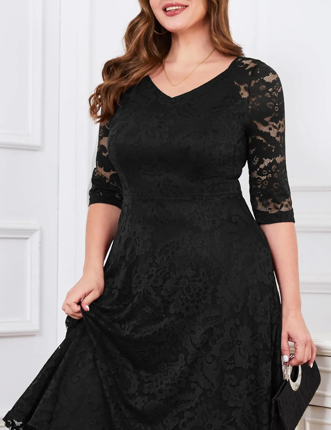Dressystar Womens Long-Sleeve Wedding Guest Dress A-Line Lace Formal Party Cocktail Midi Dress Prom Gown