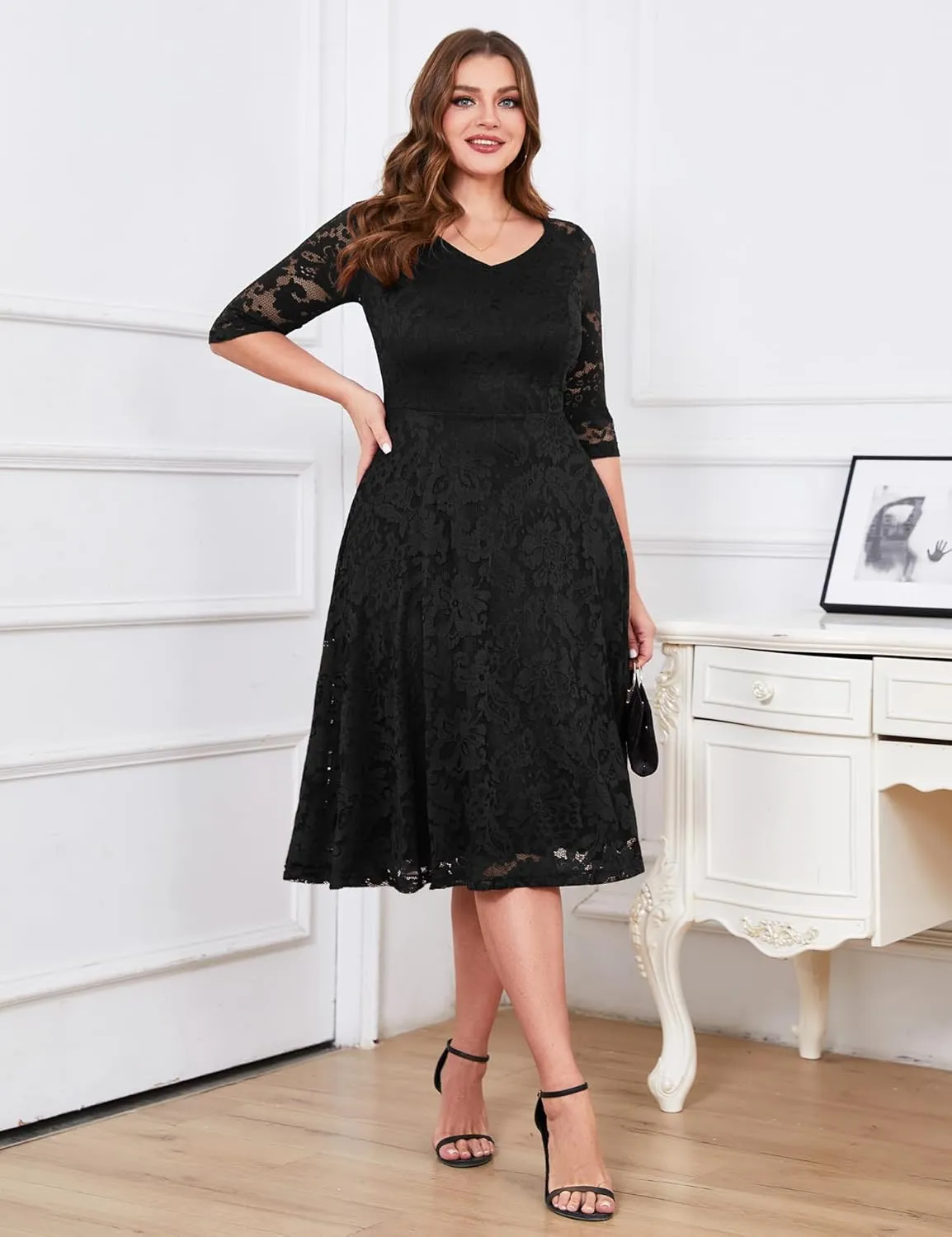 Dressystar Womens Long-Sleeve Wedding Guest Dress A-Line Lace Formal Party Cocktail Midi Dress Prom Gown