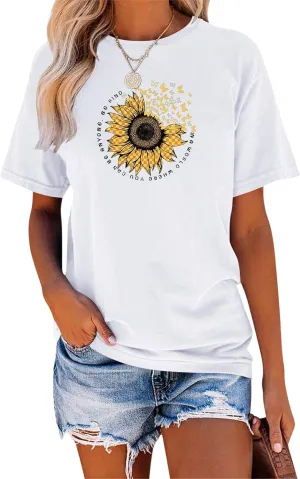 EADINVE Women's Short Sleeve Crew Neck Sunflower Graphic Printed Summer Tee Vintage T Shirt Cotton Tops Novelty Cool Shirt