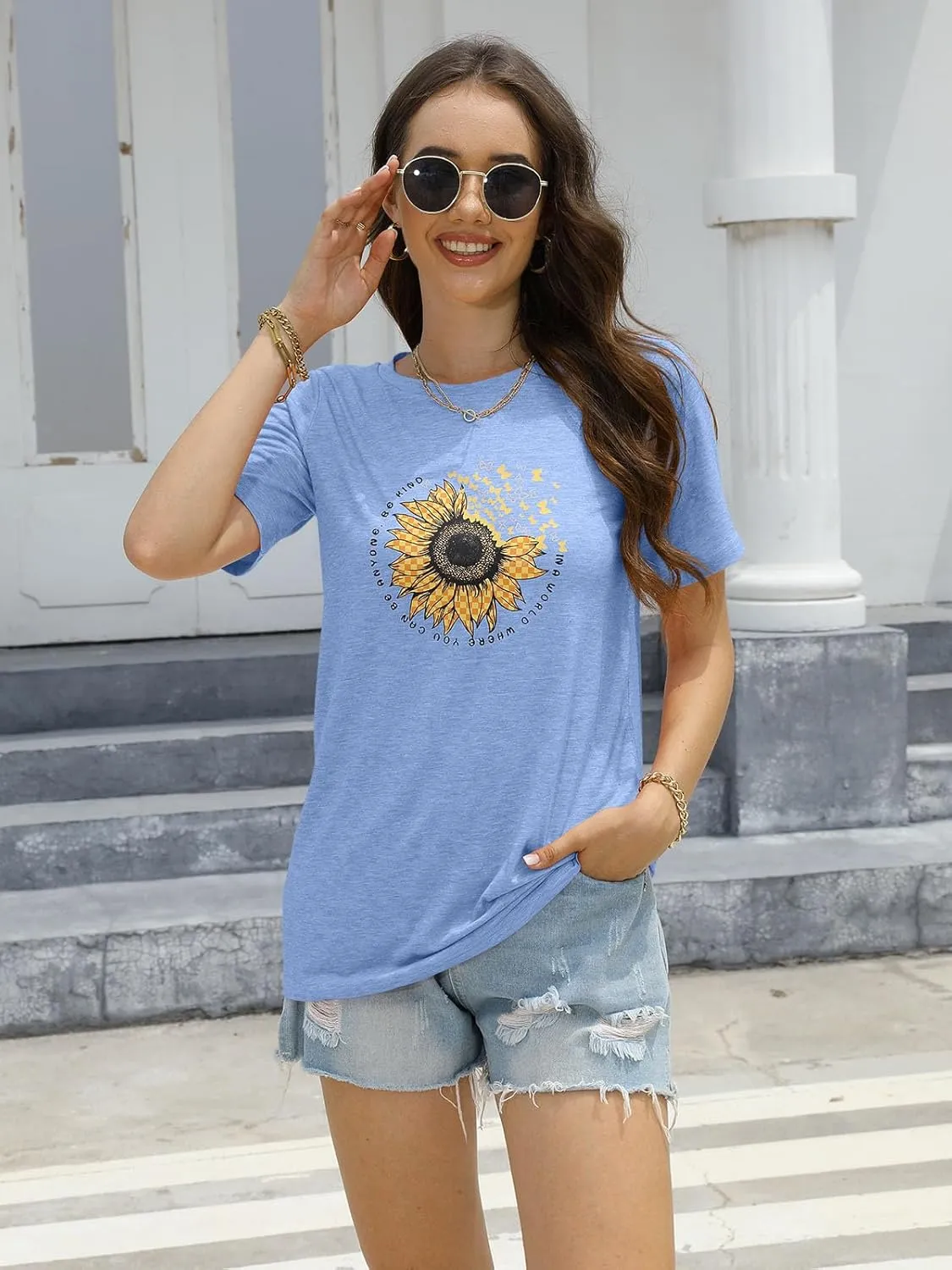 EADINVE Women's Short Sleeve Crew Neck Sunflower Graphic Printed Summer Tee Vintage T Shirt Cotton Tops Novelty Cool Shirt