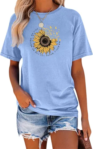 EADINVE Women's Short Sleeve Crew Neck Sunflower Graphic Printed Summer Tee Vintage T Shirt Cotton Tops Novelty Cool Shirt