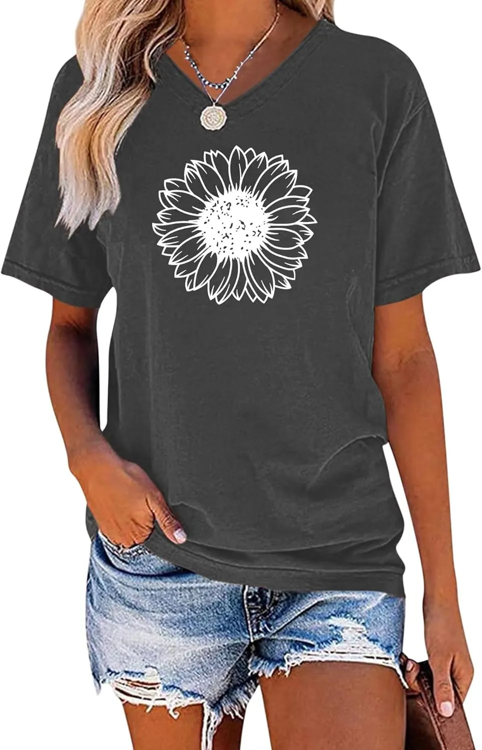EADINVE Women's Short Sleeve V Neck Sunflower Graphic Printed Summer Tee Vintage T Shirt Cotton Tops Novelty Cool Shirt