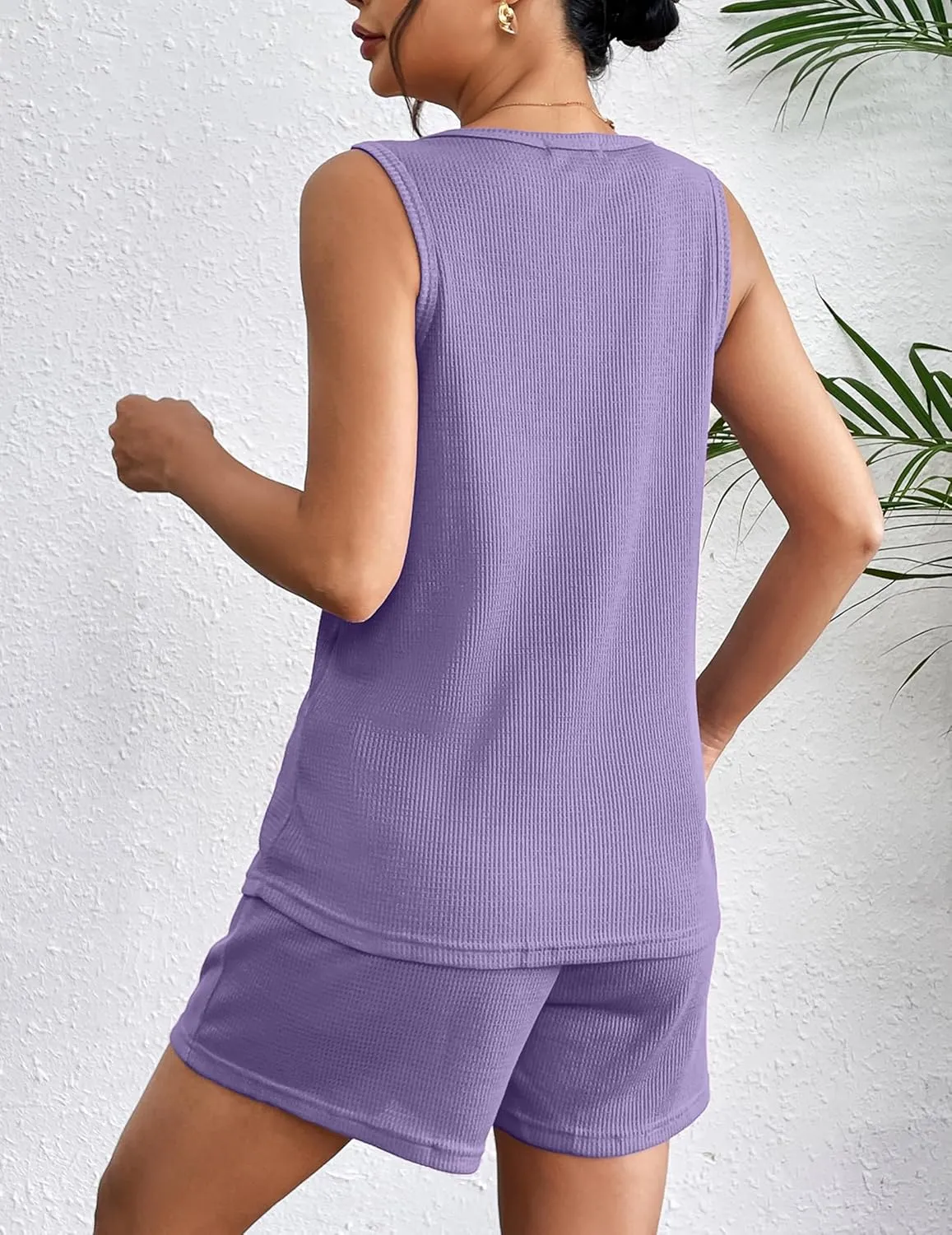 Ekouaer Pajamas Tank Top and Shorts Lounge Sets Waffle Knit V Neck Pj Short Sets Casual Outfits for Women